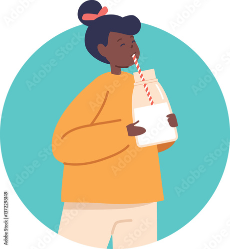 Preschooler girl drinking beverage vector illustration