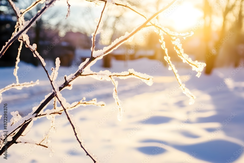 Frosted branches glow in sunlight over a winter landscape scene Frosted branches glow in sunlight over a winter landscape scene