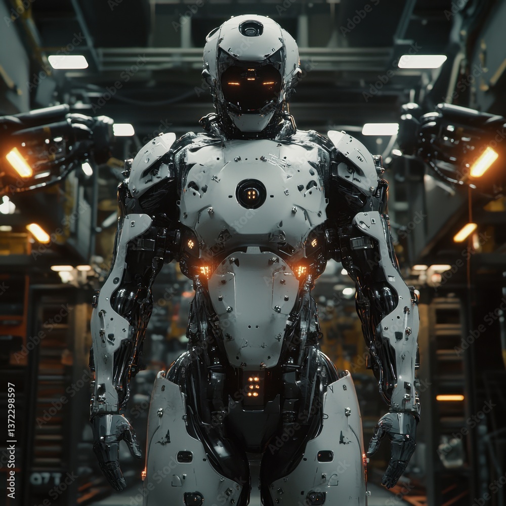 Fototapeta premium A cybernetic exosuit enhancing human capabilities, robotic arms assisting with heavy lifting, futuristic factory setting, ultra-detailed