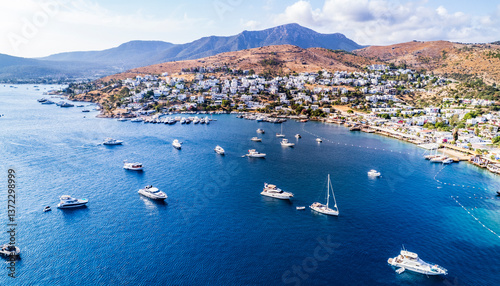 Fototapeta Naklejka Na Ścianę i Meble -  Turkbuku Bay of Bodrum. Mugla, Turkey. Aerial panoramic view of Turkbuku (Golturkbuku). Big Island. Drone shot.