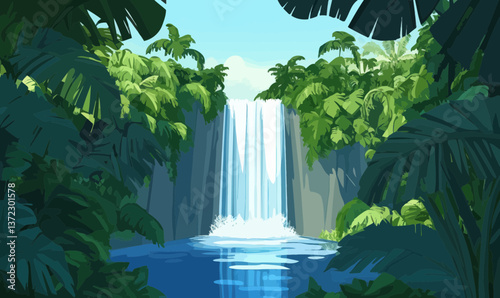 Lush 3D Vector Illustration of Rainforest Waterfall Surrounded by Vibrant Foliage