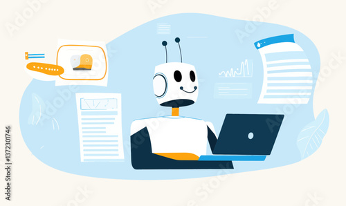 AI Content Generator Robot Creating Digital Marketing Articles and Social Media Content