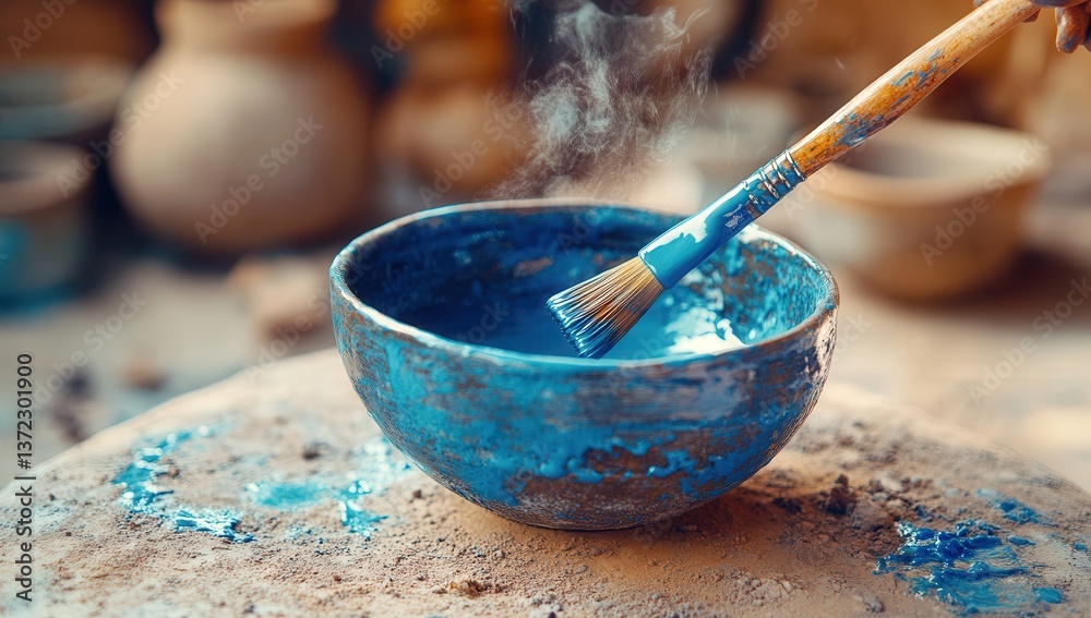 Fototapeta premium Close-up of a paintbrush resting on a vibrant blue ceramic bowl in a pottery studio.