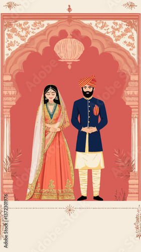 Elegant Punjabi Wedding Invitation with Traditional Bride and Groom Design