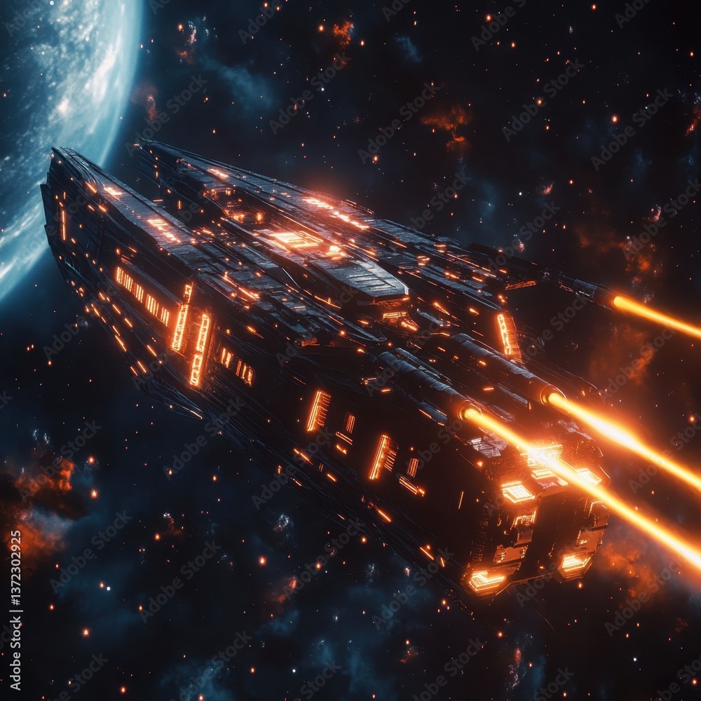Fototapeta premium A high-speed AI-controlled cargo ship navigating through space, glowing energy shields protecting it, ultra-detailed, cinematic lighting