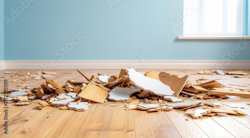significant amount of debris is strewn across a wooden floor within a room featuring light blue walls. Natural light is streaming in from a nearby window, illuminating the scattered materials