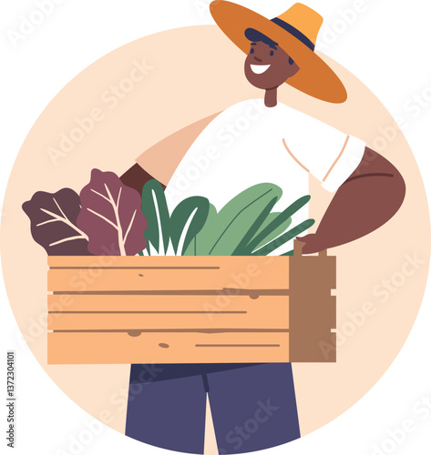 Boy farmer holding crate harvest