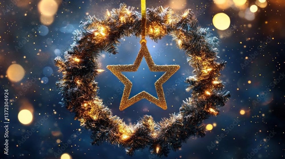 Festive Christmas wreath with star, bokeh background