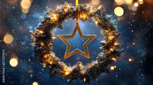 Obraz na płótnie Festive Christmas wreath with star, bokeh background w salonie