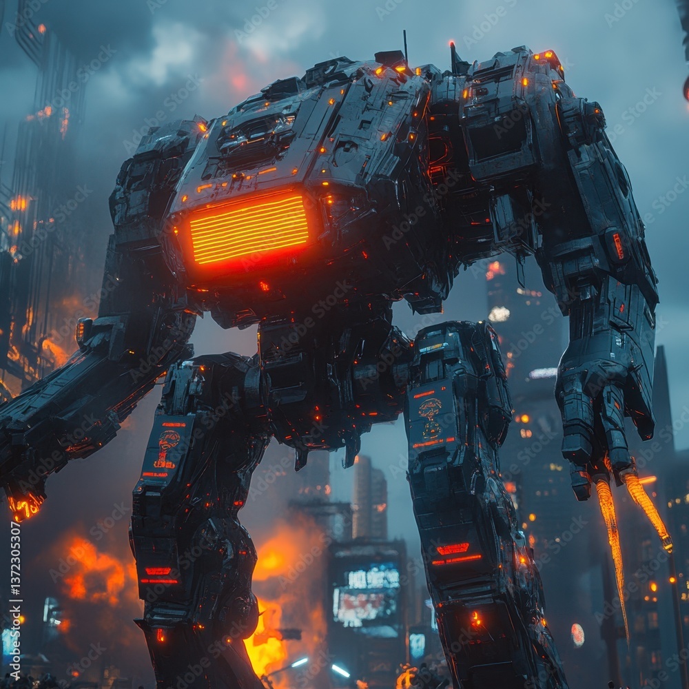 A next-generation AI-controlled battle mech, towering over a futuristic war zone, glowing energy shields activating, ultra-detailed, cinematic A next-generation AI-controlled battle mech, towering over a futuristic war zone, glowing energy shields activating, ultra-detailed, cinematic