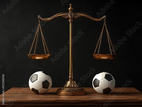A golden justice scale balancing two soccer balls on a wooden surface