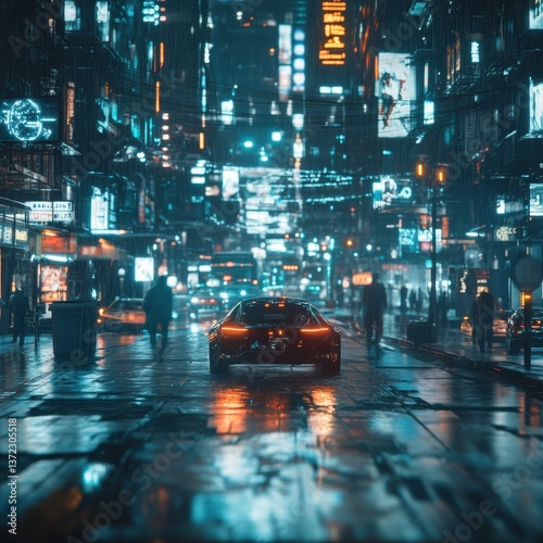 A self-driving car powered by AI, weaving through a futuristic city, with glowing streets and interactive traffic signals, ultra-realistic lighting, cinematic