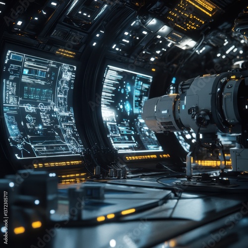 An advanced AI monitoring station in space, scanning distant stars with holographic telescopes, data visualizations floating in the air, hyper-detailed, cinematic
