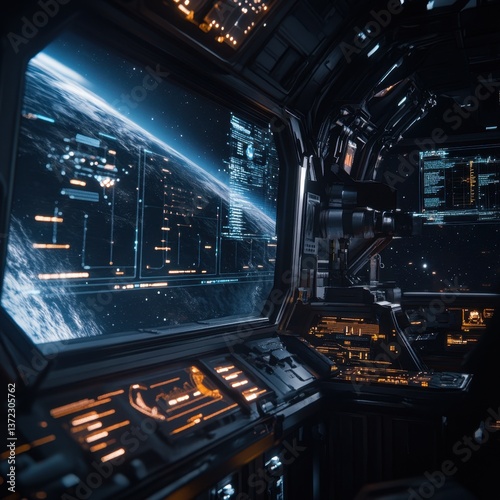 An advanced AI monitoring station in space, scanning distant stars with holographic telescopes, data visualizations floating in the air, hyper-detailed, cinematic
