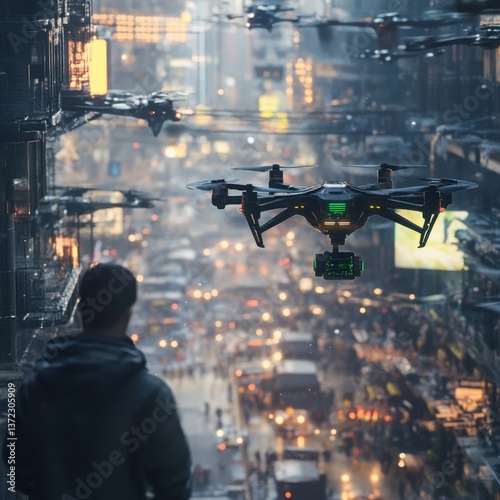 An advanced AI-controlled personal drone assistant, hovering next to its owner and offering real-time data and assistance, ultra-detailed