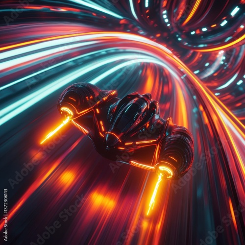 An AI-powered anti-gravity racing track, futuristic vehicles hovering at extreme speeds, glowing neon trails, ultra-HD, cinematic