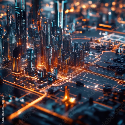 An AI-powered architecture design interface, where 3D blueprints of futuristic cities appear in mid-air, ultra-detailed, cinematic