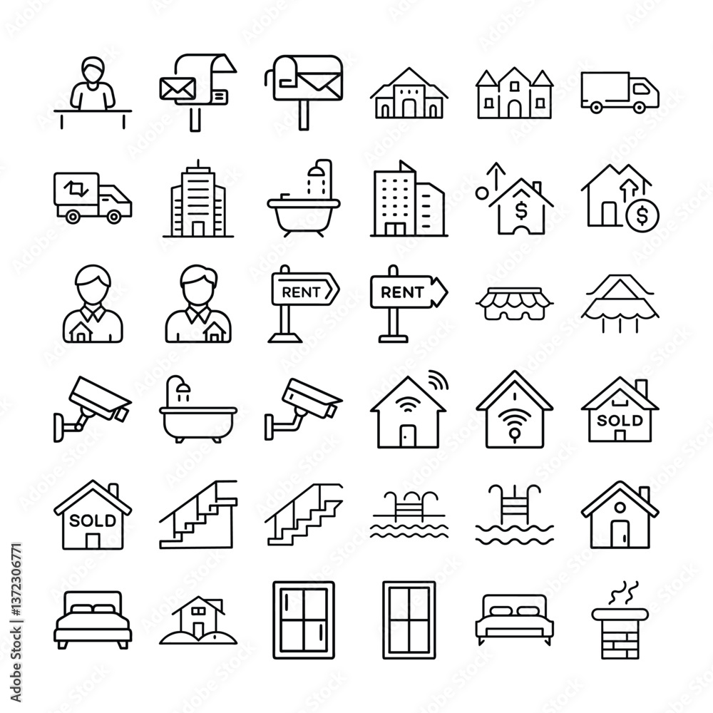 Real estate and business icons set with buildings homes and property symbols Real estate and business icons set with buildings homes and property symbols