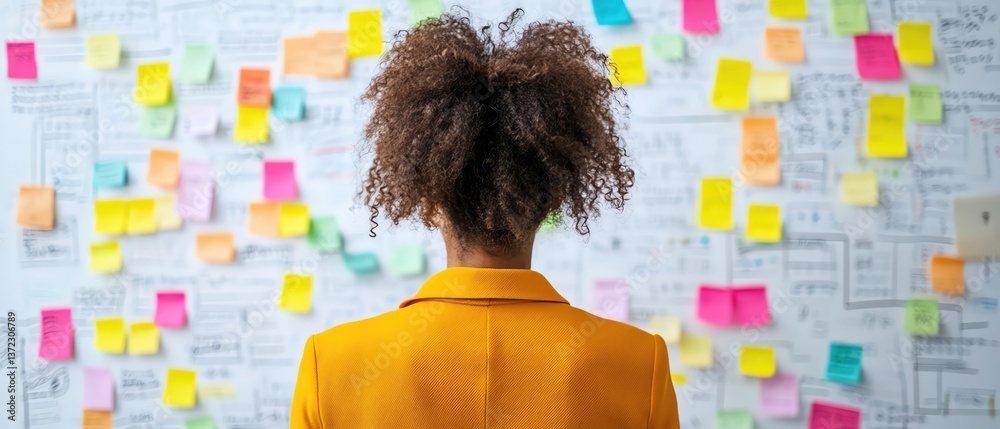 custom made wallpaper toronto digitalWoman in yellow jacket analyzing colorful sticky notes on a whiteboard, brainstorming session, creative workspace