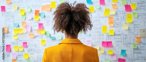 Wallpaper Mural Woman in yellow jacket analyzing colorful sticky notes on a whiteboard, brainstorming session, creative workspace Torontodigital.ca