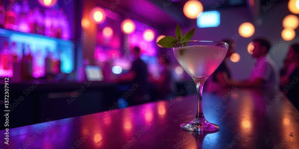 A refreshing cocktail garnished with a mint sprig sits on a bartop, bathed in the vibrant glow of colorful ambient lighting, reflecting the lively atmosphere of an evening social gathering. A refreshing cocktail garnished with a mint sprig sits on a bartop, bathed in the vibrant glow of colorful ambient lighting, reflecting the lively atmosphere of an evening social gathering.