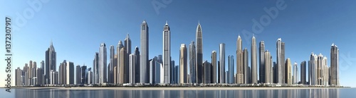A panoramic view of the city skyline with towering skyscrapers, captured in a realistic style