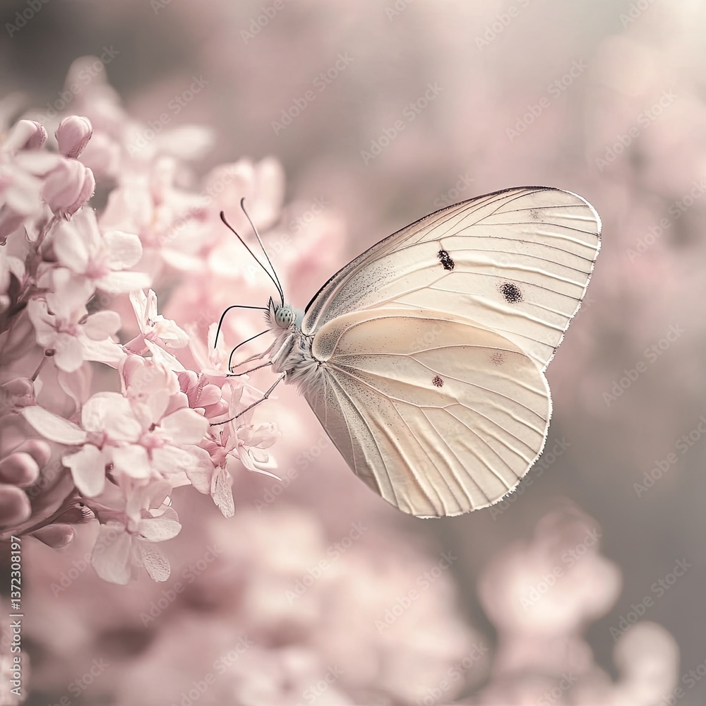 Naklejka premium A delicate white butterfly resting gracefully on a pink flower bloom