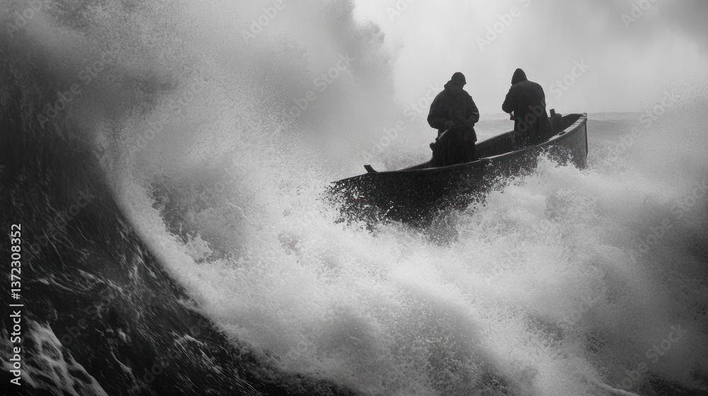 Fishermen in a rowboat, battling stormy seas