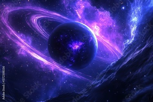 Vibrant purple planet with rings amidst a sparkling cosmic background, evoking wonder and exploration in the universe.