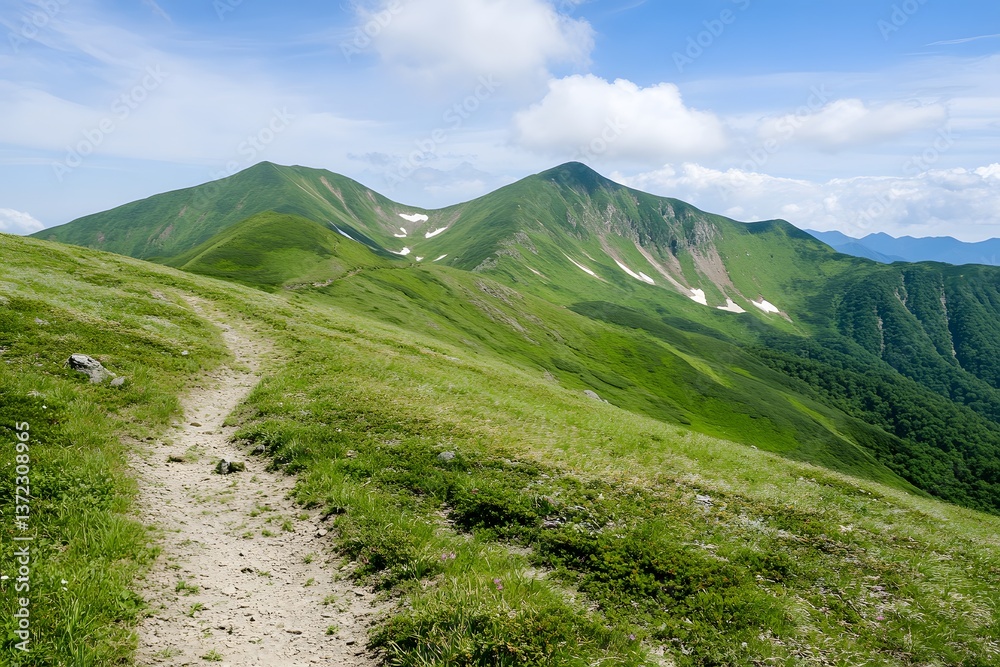 Grassy mountain peaks under a blue sky with wispy white clouds Grassy mountain peaks under a blue sky with wispy white clouds