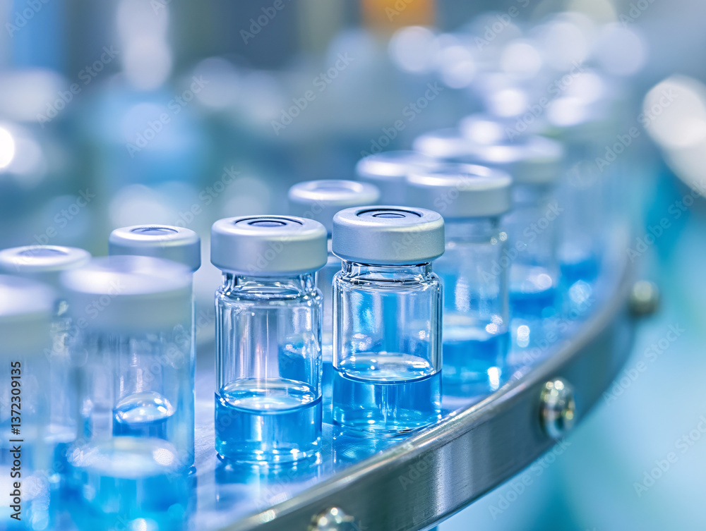 automated conveyor with blue medical vials in glass bottles pharmaceutical production line in sterile factory environment industrial automation for vaccine or medicine packaging and filling process