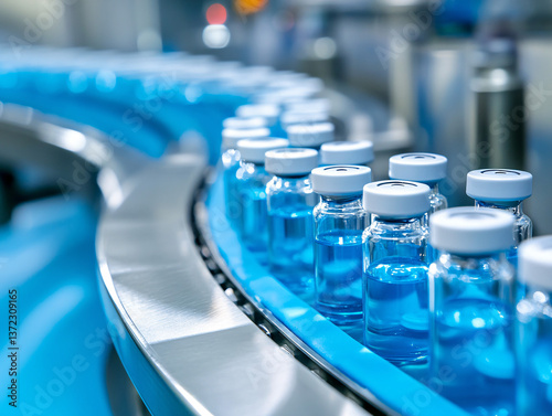 automated conveyor with blue medical vials in glass bottles pharmaceutical production line in sterile factory environment industrial automation for vaccine or medicine packaging and filling process
