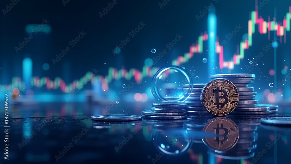 Obraz premium Contemporary wallpaper design featuring sleek abstract visuals with integrated currency charts and blockchain motifs representing stablecoin backed forex solutions emphasizing secure digital currency 
