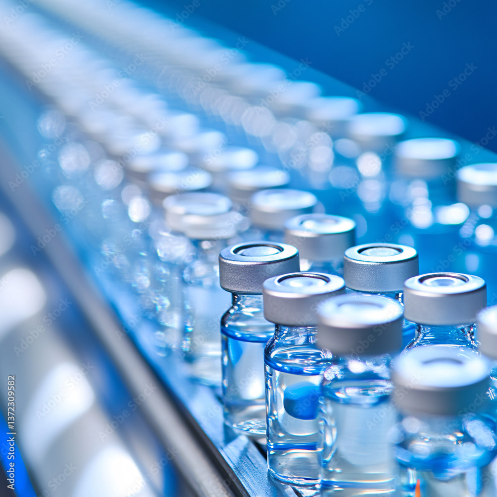 automated conveyor with blue medical vials in glass bottles pharmaceutical production line in sterile factory environment industrial automation for vaccine or medicine packaging and filling process