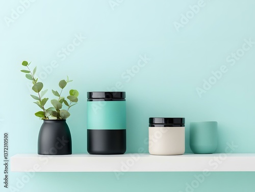 Wallpaper Mural Minimalist Shelving with Retro Food Packaging and Greenery Torontodigital.ca