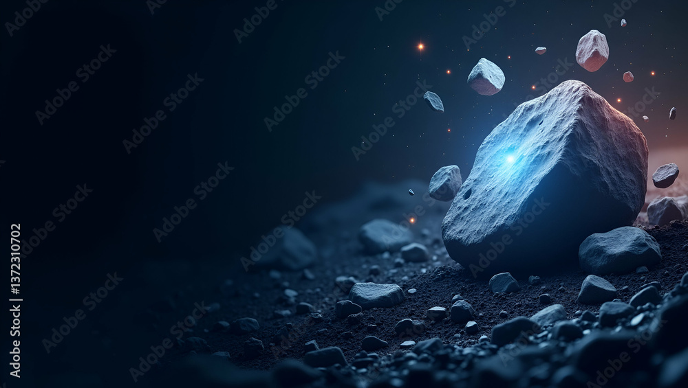Obraz premium Futuristic Wallpaper Design: Abstract Asteroid Mining Visuals with Dynamic Overlays, Stylized Drill Icons, and Cosmic Textures - Perfect for Text Overlays