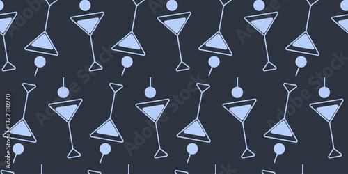 Triangular minimalistic Martini glasses Seamless Pattern Light blue on dark Bartender Day Background