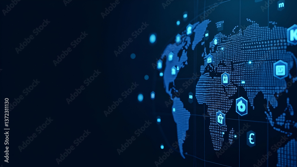 Obraz premium Contemporary wallpaper design featuring sleek abstract visuals with dynamic digital grids and integrated currency icons representing international crypto commerce with modern cryptocurrency symbols an