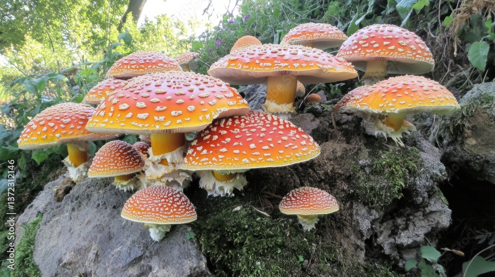Forest floor, many vibrant red and orange toadstools on rock, lush green background