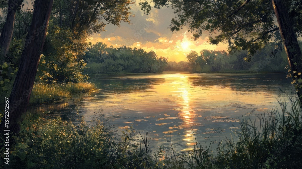 Forest Lake Sunset Reflection