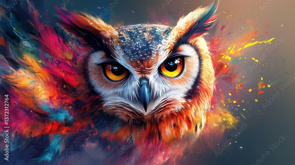Obraz premium Close-up view of a colorful illustration of an owl with bright yellow eyes looking ahead