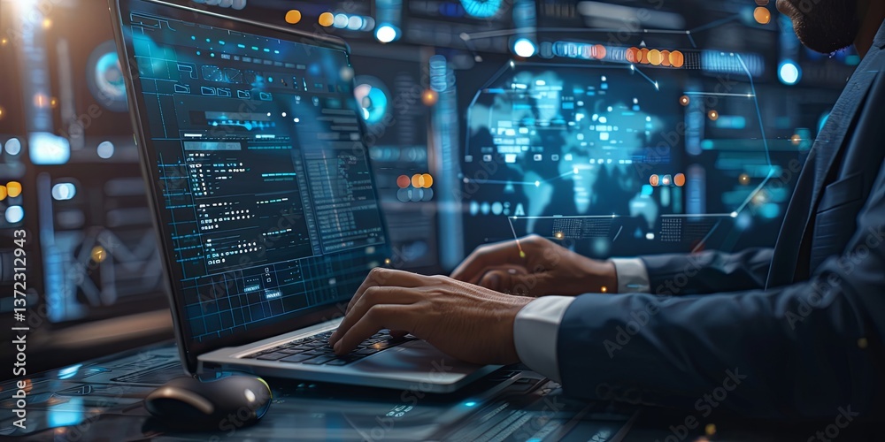 A businessman accessing corporate data with cyberspace security A businessman accessing corporate data with cyberspace security