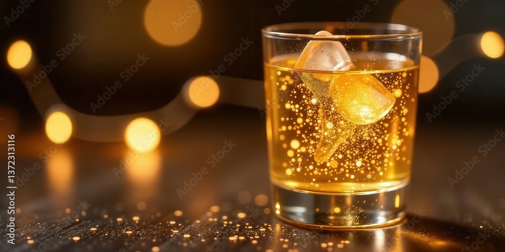 A Sparkling Golden Beverage in a Glass with Ice Cubes, Illuminated by Warm Festive Lights on a Dark Surface A Sparkling Golden Beverage in a Glass with Ice Cubes, Illuminated by Warm Festive Lights on a Dark Surface