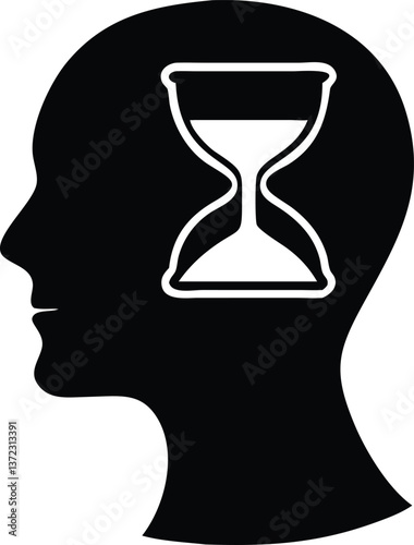 A man's head silhouette fades like sand in a glass timer, a vector icon of fleeting time AI Generative
