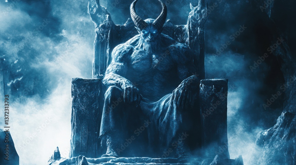 Frozen demon king on icy throne, ethereal mist background