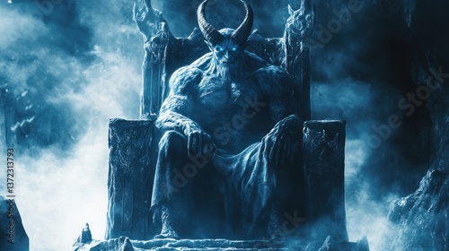 Obraz na płótnie Frozen demon king on icy throne, ethereal mist background w salonie
