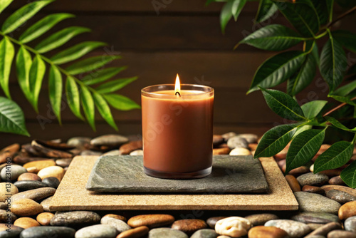 Lit brown candle surrounded by pebbles and leaves