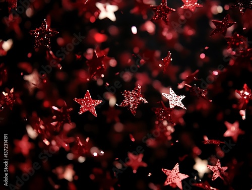 Sparkling red star confetti floating against a dark background