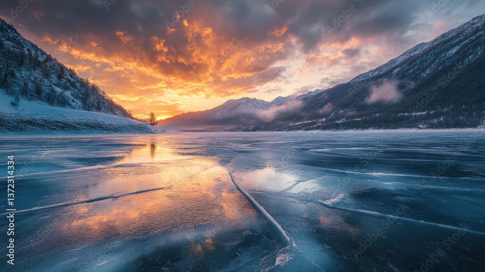 Frozen lake, winter sunset, mountains, reflected colors