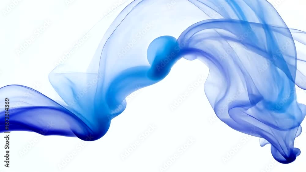 Ethereal blue smoke gracefully swirls against a white background, creating a mesmerizing visual effect